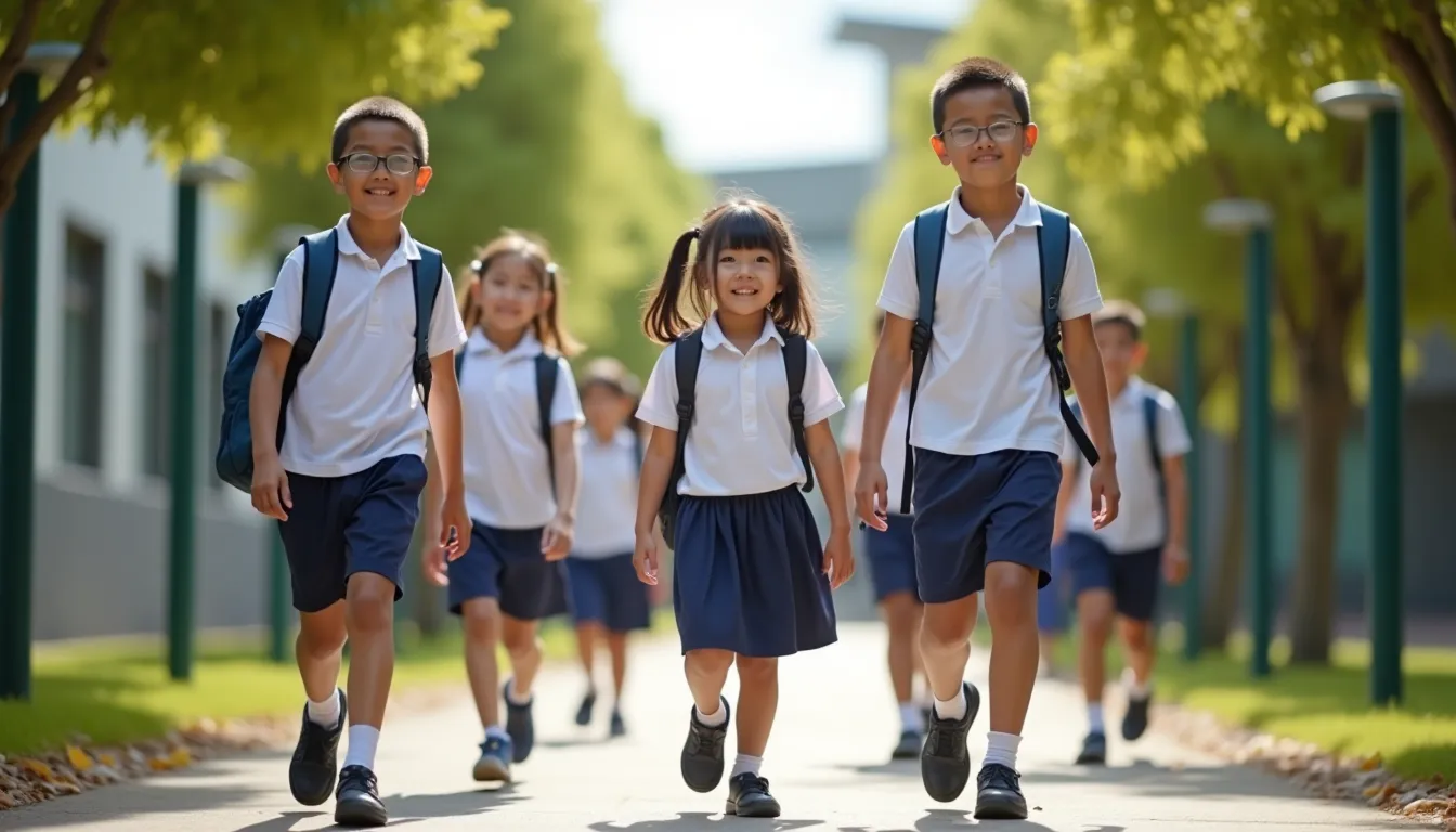 Children in school uniforms heading to school, benefiting from Budget 2026 education measures