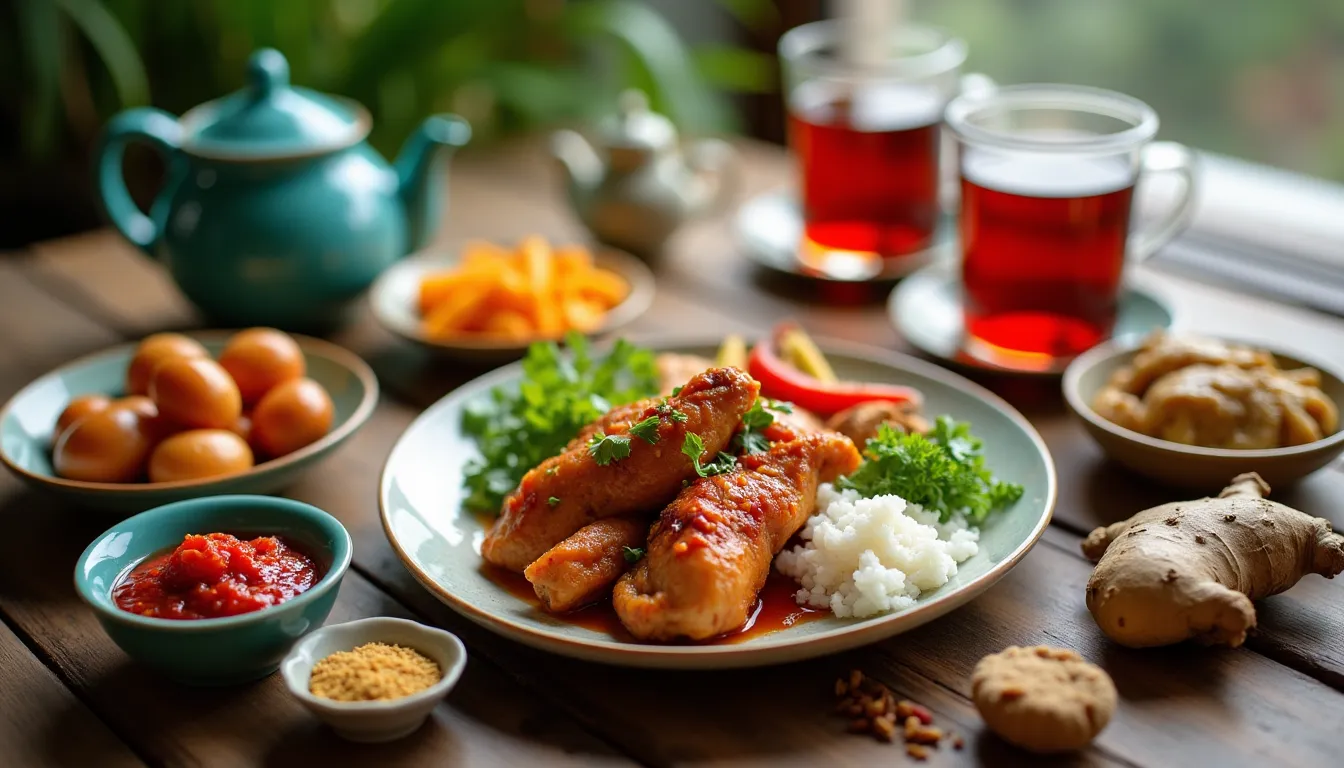 Traditional confinement food spread with nourishing soups and dishes that can help settle pregnancy nausea