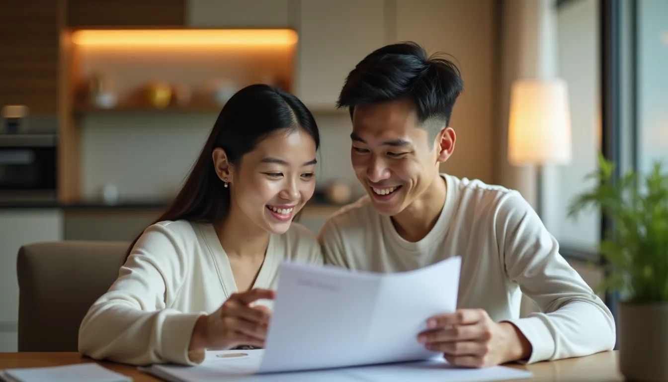 Young couple reviewing household budget and child-raising costs in Singapore