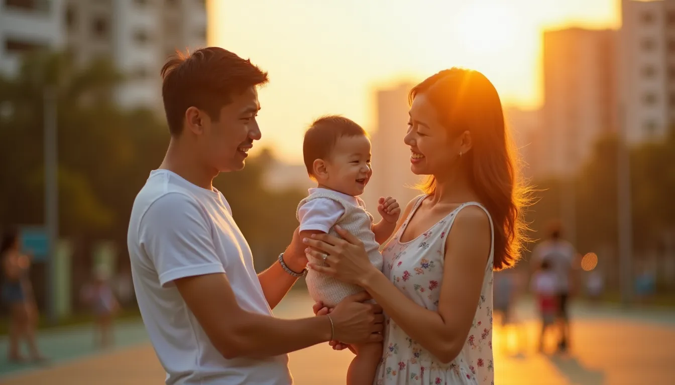 Family with young child at an HDB playground during golden hour in Singapore