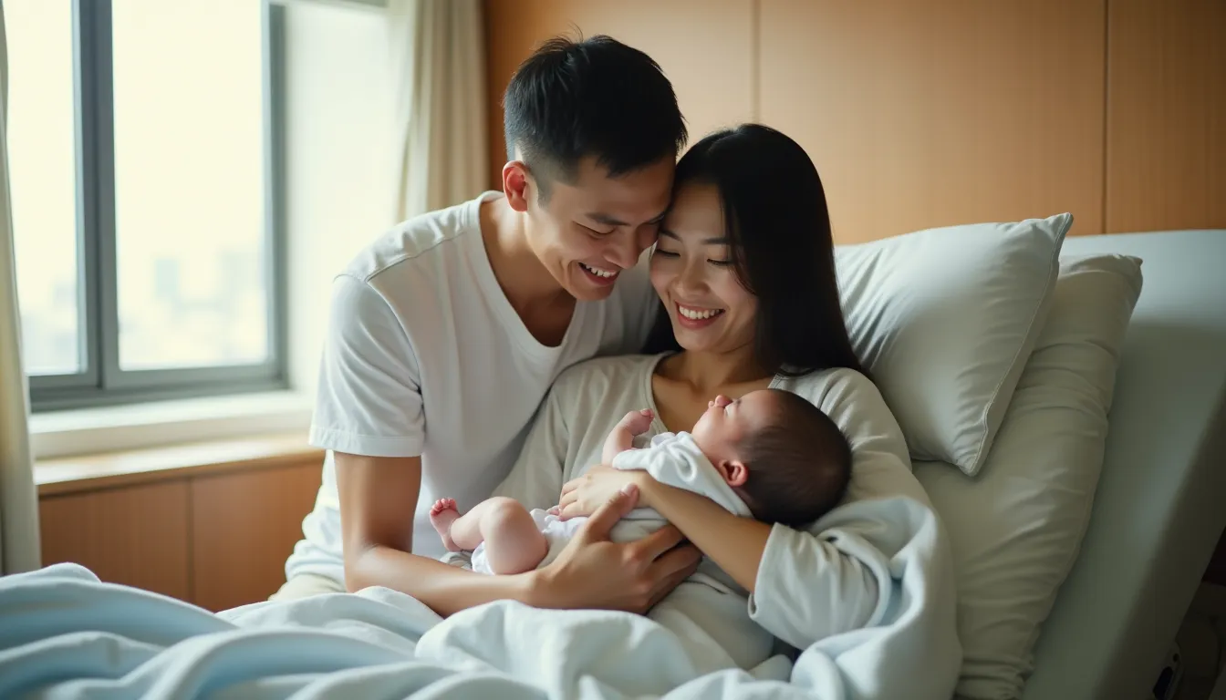 Asian parents holding their newborn baby in the hospital after a healthy delivery