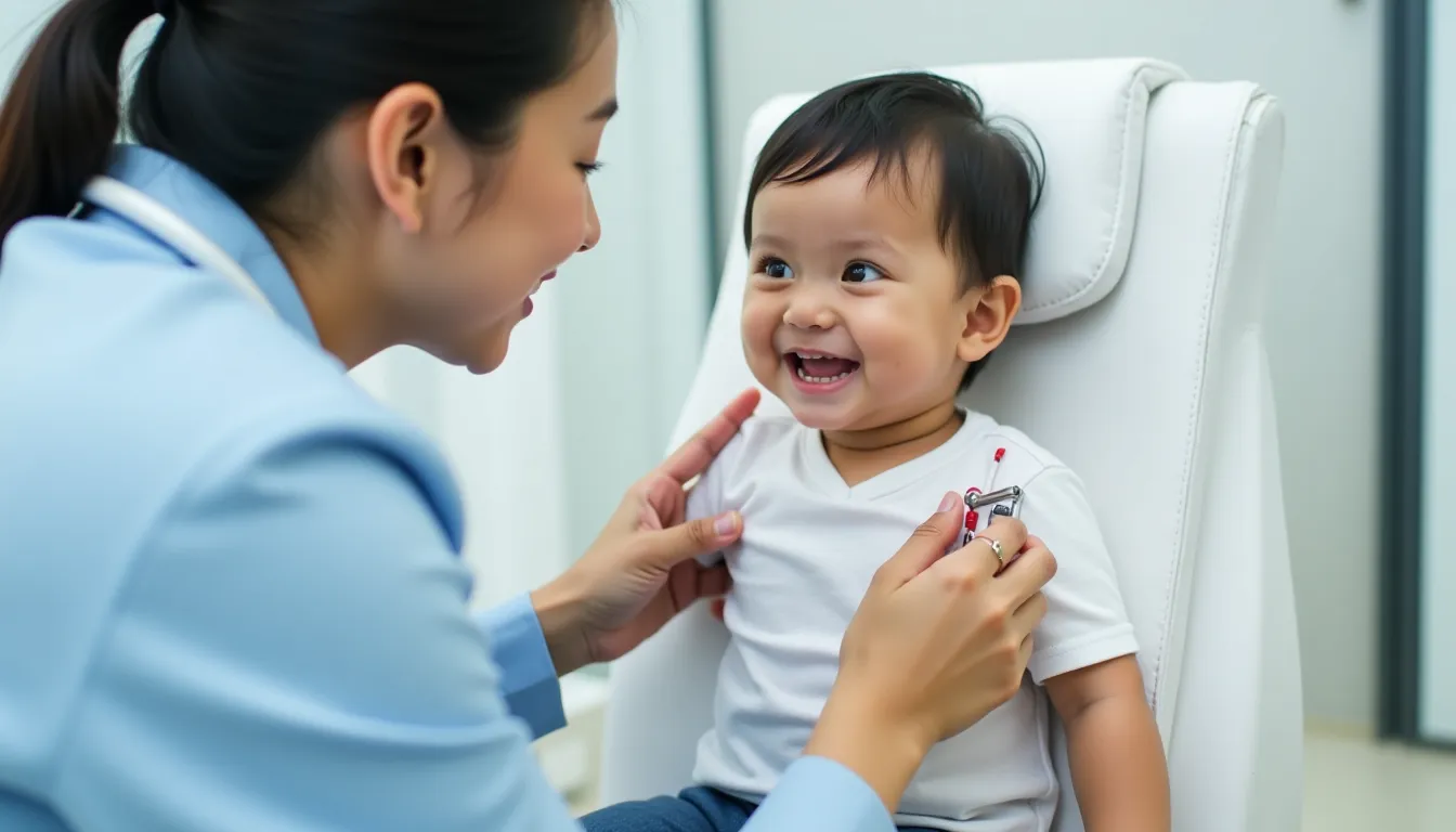 Doctor examining a happy baby during a paediatric checkup and vaccination visit